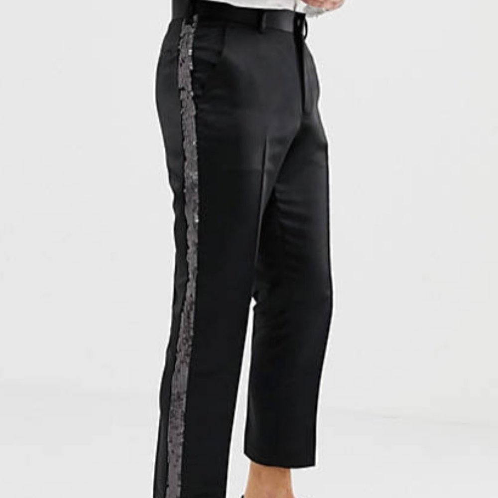 ASOS DESIGN Black Satin Dress Pants with Sequin Side Stripes